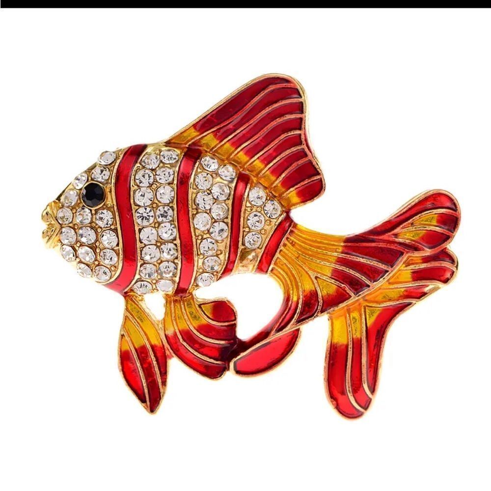ORANGE AND GOLD FANCY FISH BROOCH‎ WITH RHINESTONES